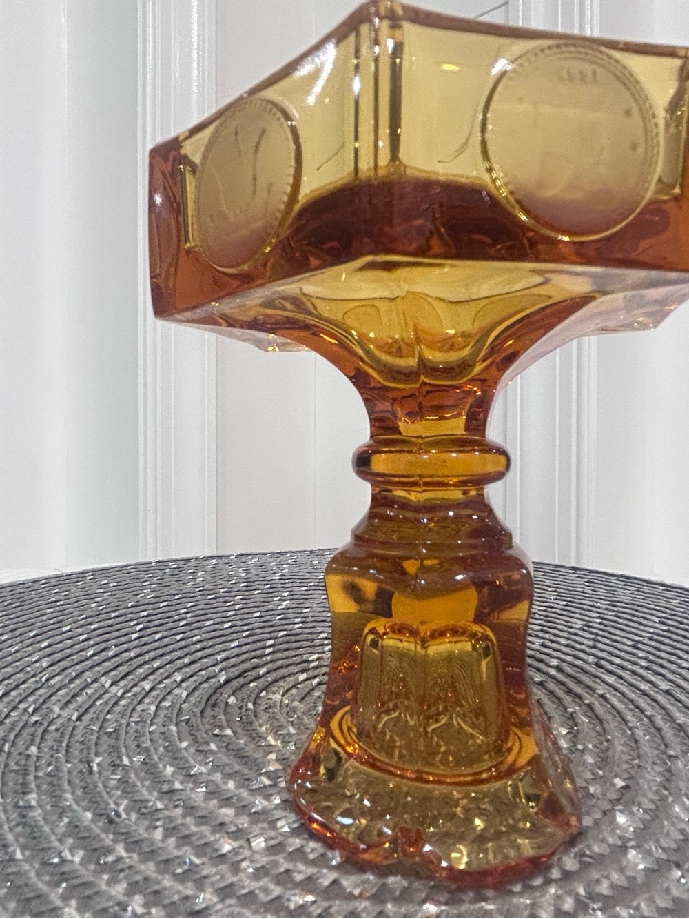 Fostoria Amber Liberty coin pattern Candlestick holder